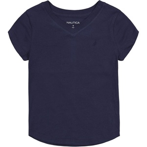 Nautica Girls’ Short Sleeve V-Neck T-Shirt, Solid Cotton Blend Tee with Tagless Interior(Peacoat)
