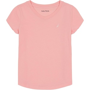 Nautica Girls’ Short Sleeve V-Neck T-Shirt, Solid Cotton Blend Tee with Tagless Interior(Pink Dolphin)