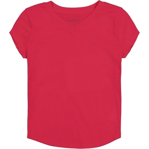 Nautica Girls’ Short Sleeve V-Neck T-Shirt, Solid Cotton Blend Tee with Tagless Interior(Virtual Pink)