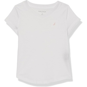 Nautica Girls’ Short Sleeve V-Neck T-Shirt, Solid Cotton Blend Tee with Tagless Interior(White)
