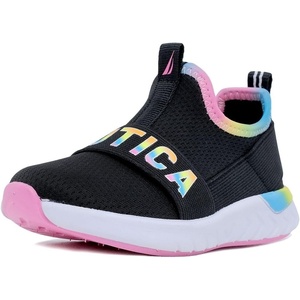 Nautica Girls’ Slip-On Sneaker – Athletic Running Kids’ Shoe for Walking, Running, Tennis, and Sports (Toddler/Little Kid)(Black Bright Gradient)