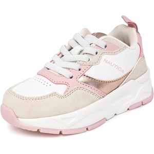 Nautica Girls Toddler Bungee Sneakers, Athletic Walking Shoes for Play and Everyday Wear, Comfortable Casual Footwear(White Gold Pink)
