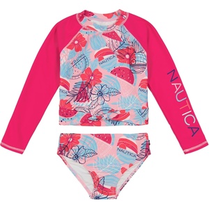 Nautica Girls’ Two-piece Rashguard Swimsuit Set, UPF 50+ Sun Protection, Quick-Dry Bathing Suit(Beetroot Floral Fruit)