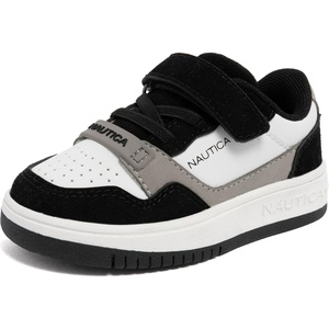 Nautica Kids Adjustable Strap Shoes | Comfortable Casual Sneakers for Boys and Girls, Toddlers & Little Kids(White Black Black-seaspray)