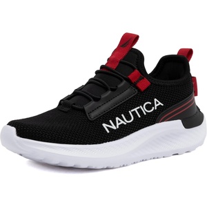 Nautica Kids Boys and Girls Athletic Slip-On Sneakers, Lightweight Bungee Running Shoes for Toddler, Little Kid, and Big Kid(Black Red Sable)