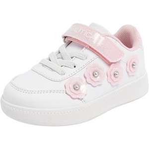 Nautica Kids Girls Sneakers with Adjustable Strap and Bungee Straps | Comfortable Casual Shoes (Toddler/Little Kid)(Pink Flower- Savvi)