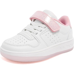 Nautica Kids Girls Sneakers with Adjustable Strap and Bungee Straps | Comfortable Casual Shoes (Toddler/Little Kid)(White Pink Glitter)
