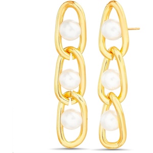 Nautica Link Chain Simulated Pearl Dangle Earrings for Women 14K Yellow Gold Plated Alloy