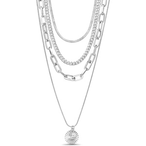 Nautica Rhinestone Disc Pendant Layered Necklace for Women Rhodium Plated Alloy Four Row White Chain 14-22 Inches