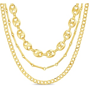 Nautica Three Row Layered Necklace for Women 14K Yellow Gold Plated Alloy Yellow Statement Chain Puffy Link Curb Chains 16-20 Inches