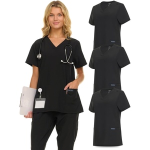 Nautica Womens Scrubs Tops, 3 Pack V-Neck Breathable Scrub Tops Women, 3 Pocket Stretch Fabric Scrubs for Women(3 Pack Blk/Blk/Blk)