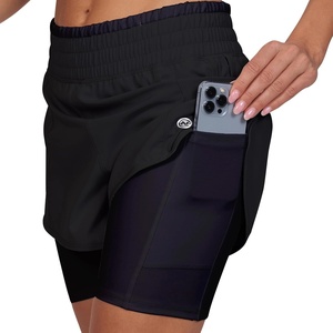 Women’s Running Shorts Elastic High Waisted Dry-Fit Moisture Wicking Performance Workout Athletic Biker Compression Pocket(Black – Black)
