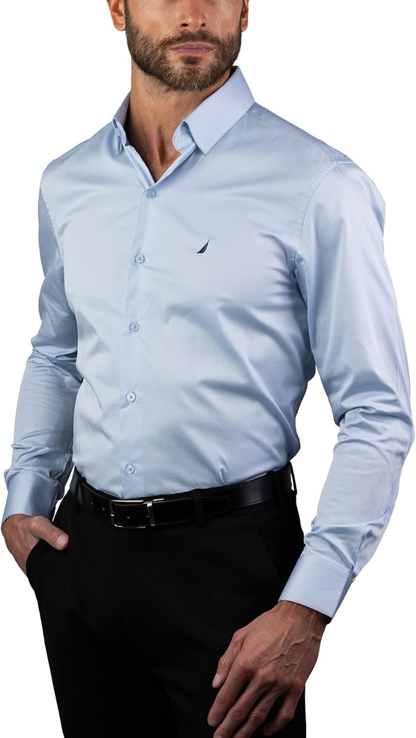image:imageNAUTICA Slim Fit 100 Cotton Mens Dress Shirts Long Sleeve Wrinkle Resistant FormalLt Blue Check Dobby