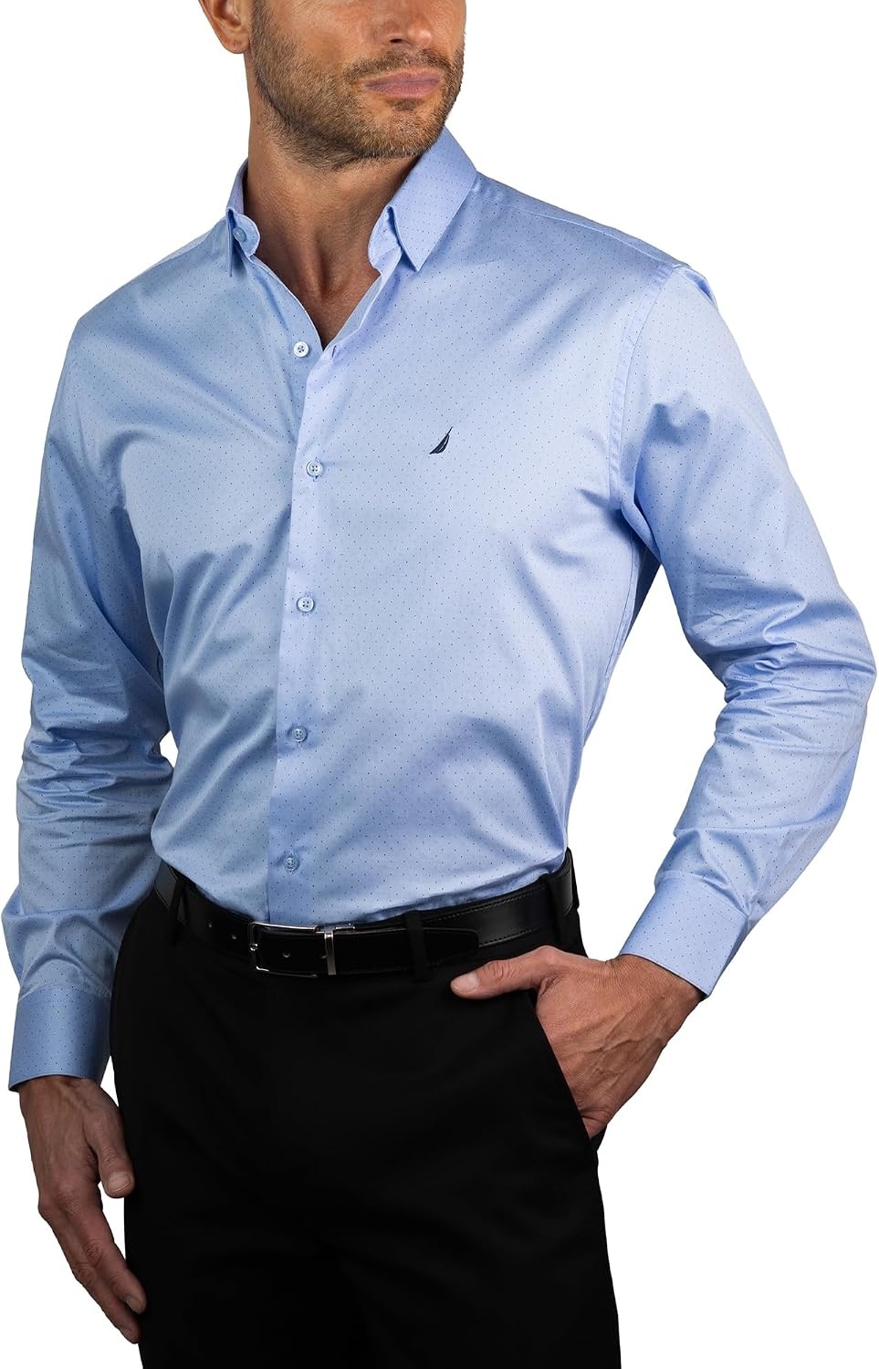 image:imageNAUTICA Slim Fit 100 Cotton Mens Dress Shirts Long Sleeve Wrinkle Resistant FormalNavy Blue Dots