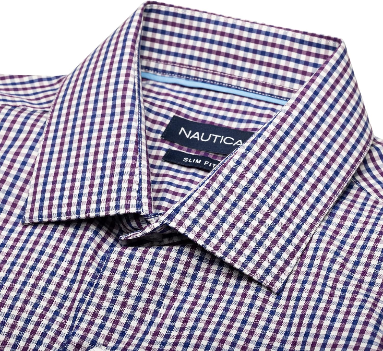 image:imageNAUTICA Slim Fit 100 Cotton Mens Dress Shirts Long Sleeve Wrinkle Resistant FormalPurple Blue Check