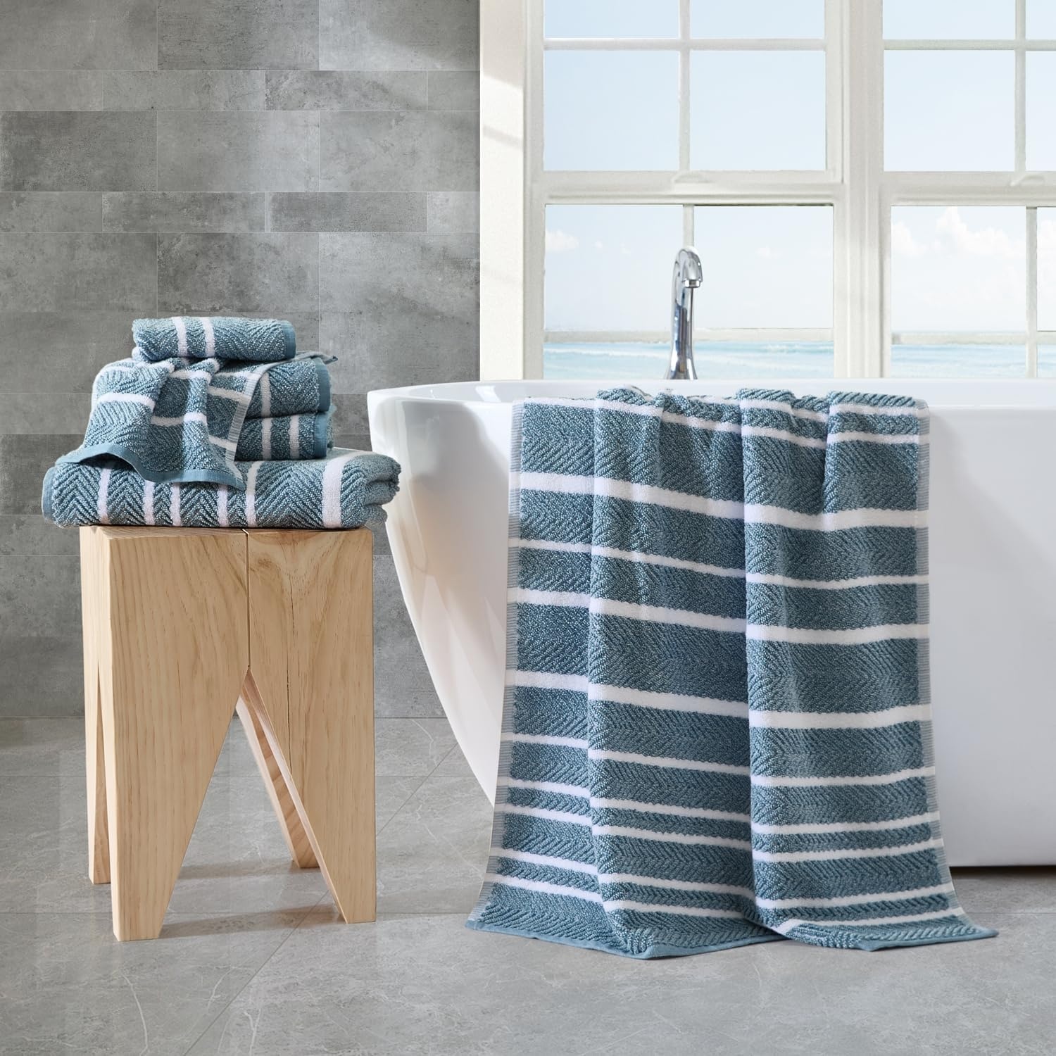 image:imageNautica Bath Towel Set Cotton Bath Hand amp Washcloths Plush Absorbent amp QuickDry Chevron Print Americana Decor Set of 6 Zane BlueCruise Along Blue