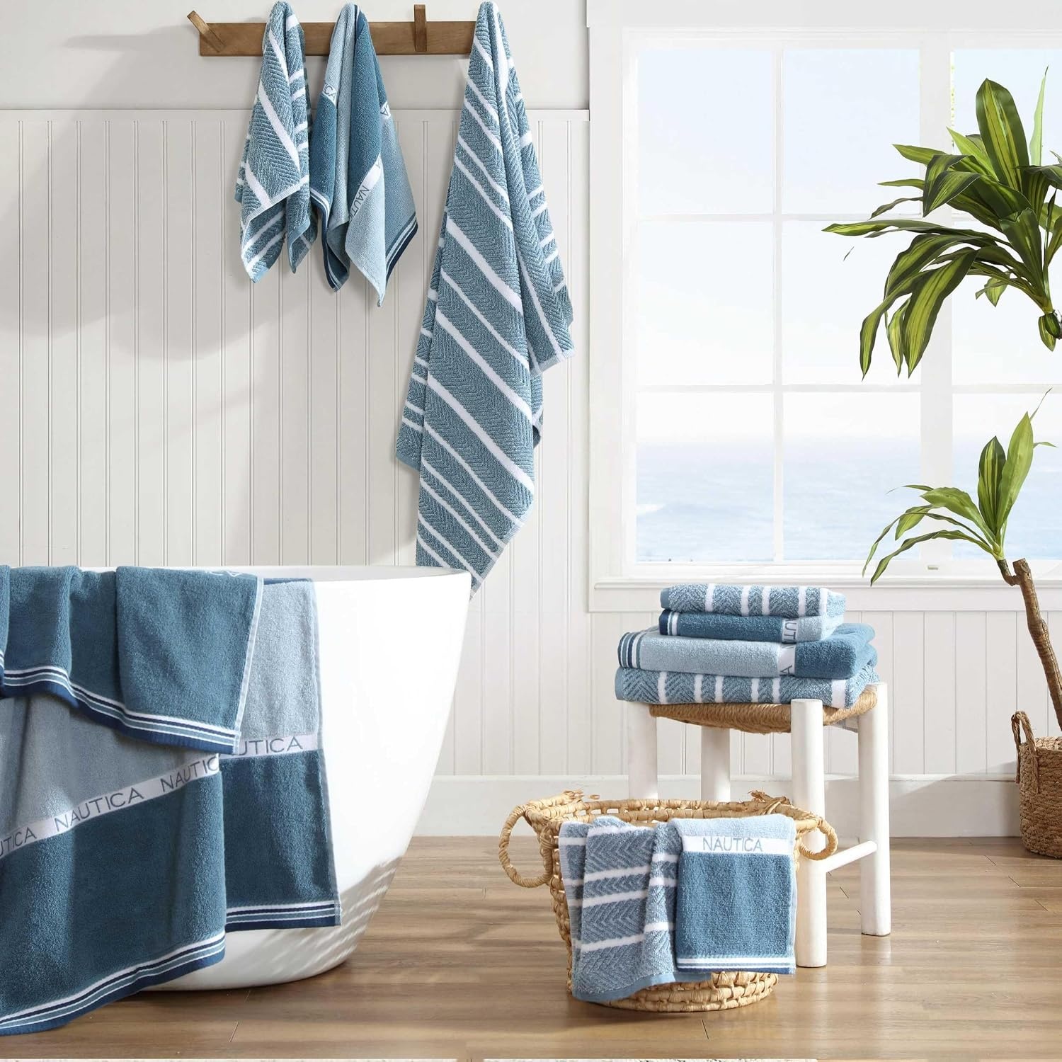 image:imageNautica Bath Towel Set Cotton Bath Hand amp Washcloths Plush Absorbent amp QuickDry Chevron Print Americana Decor Set of 6 Zane BlueCruise Along Blue