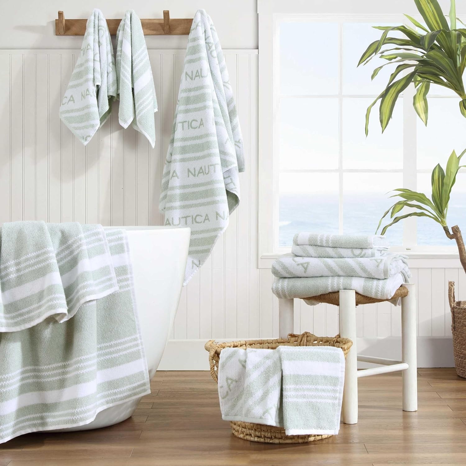 image:imageNautica Bath Towel Set Cotton Bath Hand amp Washcloths Plush Absorbent amp QuickDry Chevron Print Americana Decor Set of 6 Zane BlueMinera Green