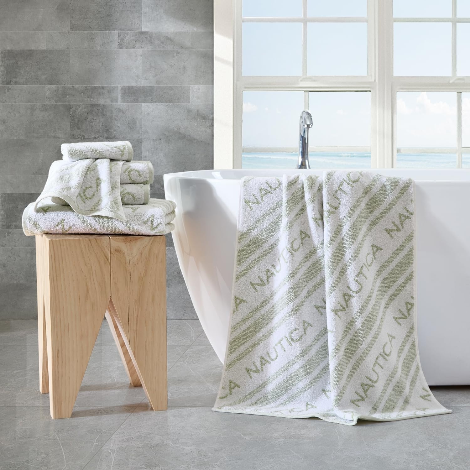 image:imageNautica Bath Towel Set Cotton Bath Hand amp Washcloths Plush Absorbent amp QuickDry Chevron Print Americana Decor Set of 6 Zane BlueMinera Green