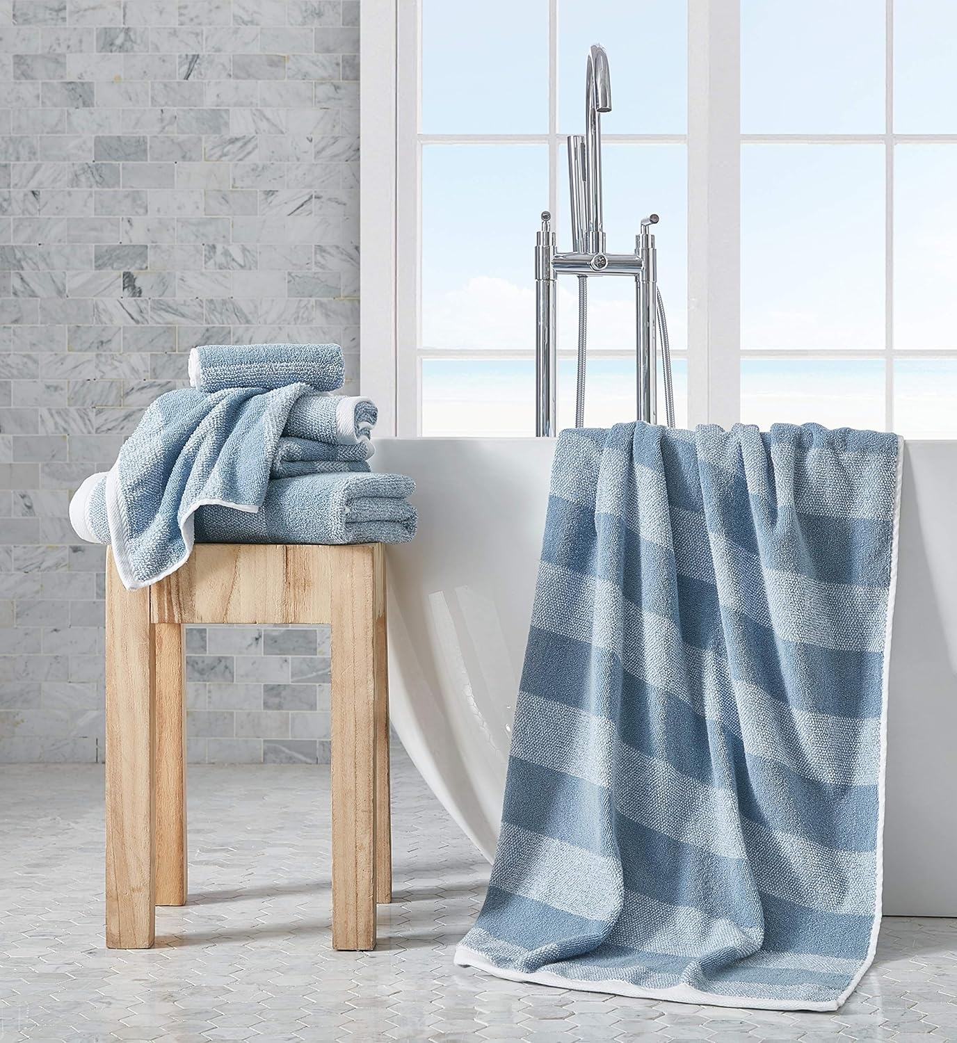 image:imageNautica Bath Towel Set Cotton Bath Hand amp Washcloths Plush Absorbent amp QuickDry Chevron Print Americana Decor Set of 6 Zane BlueOak Lake Blue
