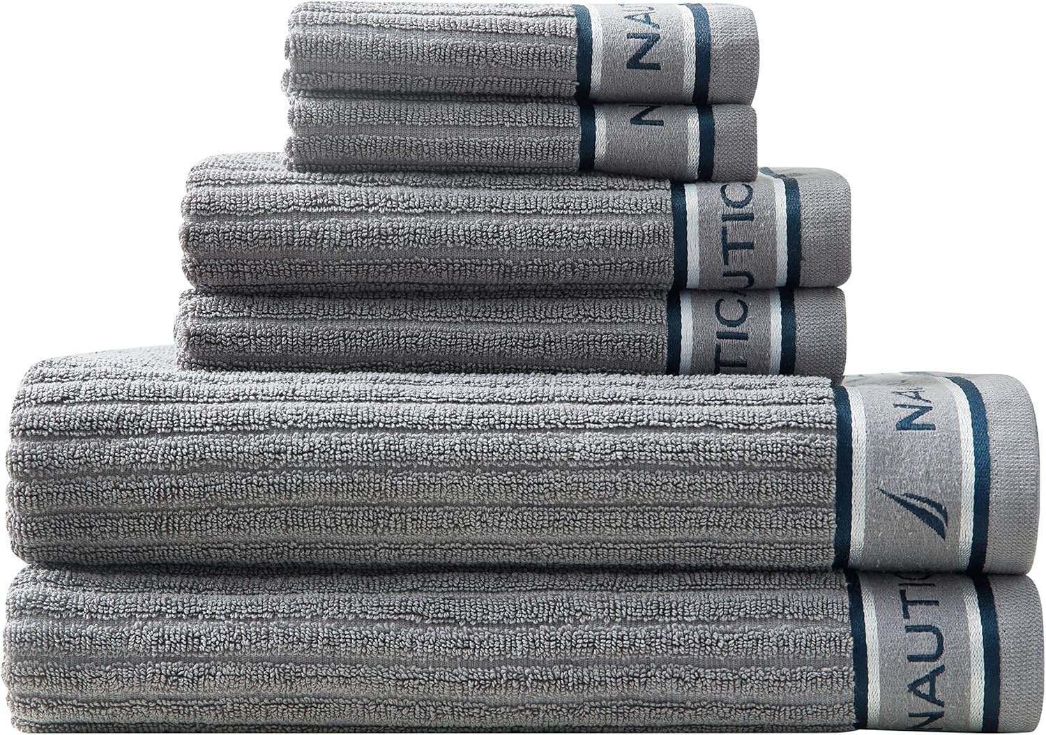 image:imageNautica Bath Towel Set Cotton Bath Hand amp Washcloths Plush Absorbent amp QuickDry Chevron Print Americana Decor Set of 6 Zane BlueSignature Grey