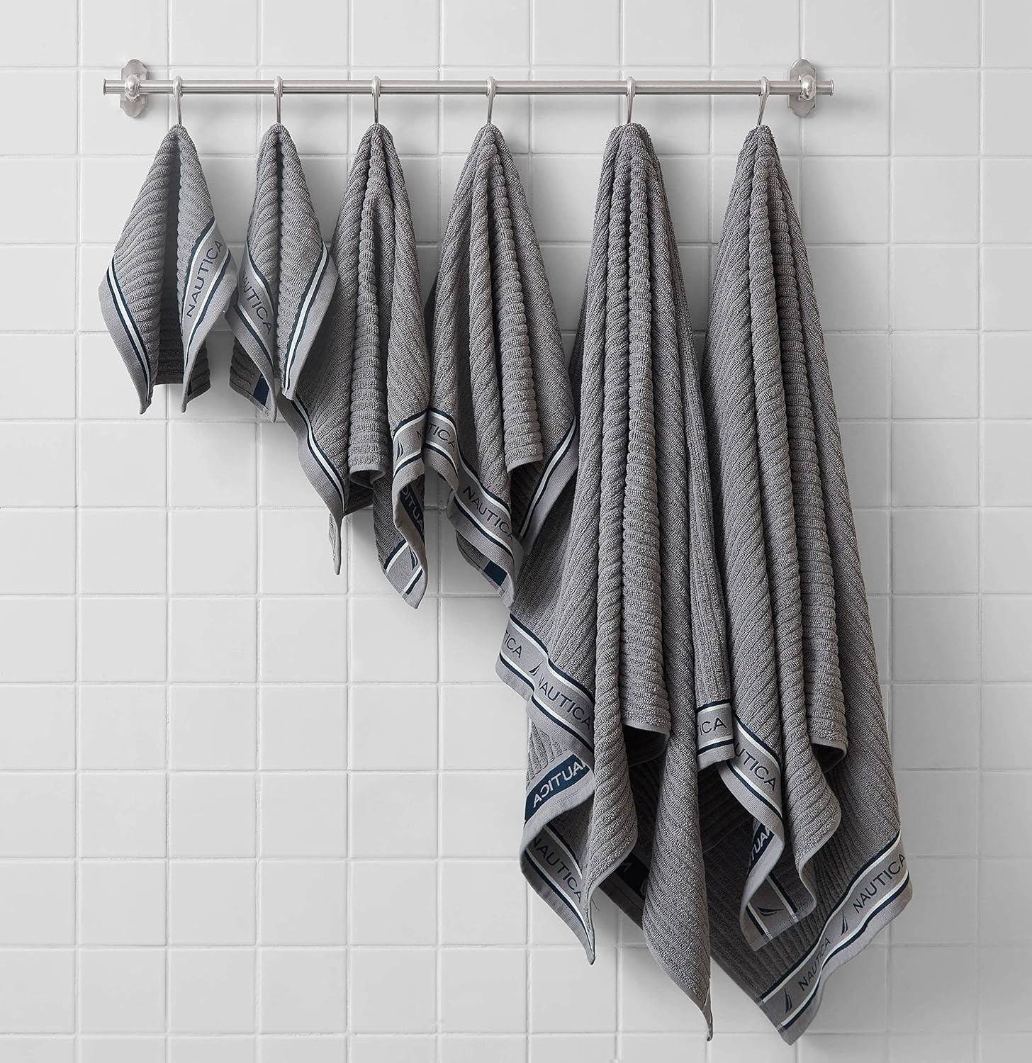 image:imageNautica Bath Towel Set Cotton Bath Hand amp Washcloths Plush Absorbent amp QuickDry Chevron Print Americana Decor Set of 6 Zane BlueSignature Grey