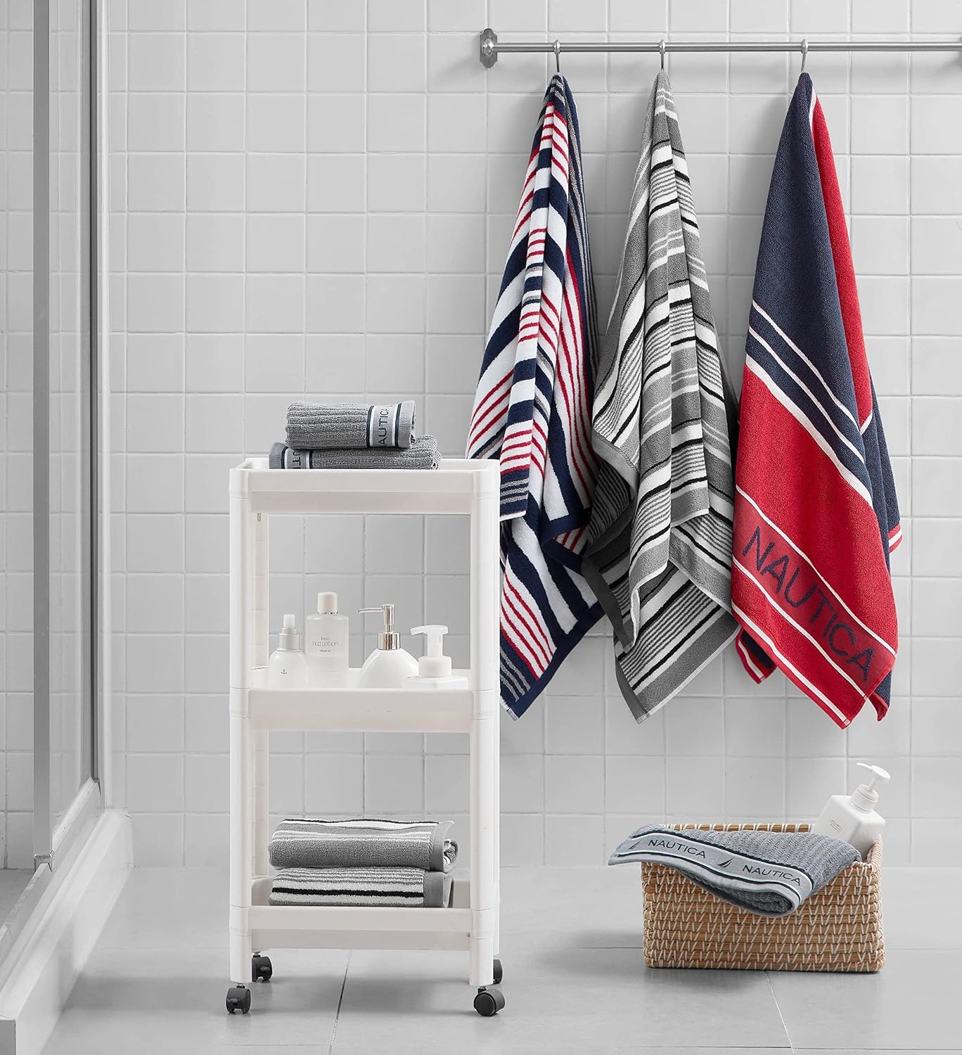 image:imageNautica Bath Towel Set Cotton Bath Hand amp Washcloths Plush Absorbent amp QuickDry Chevron Print Americana Decor Set of 6 Zane BlueSignature Grey
