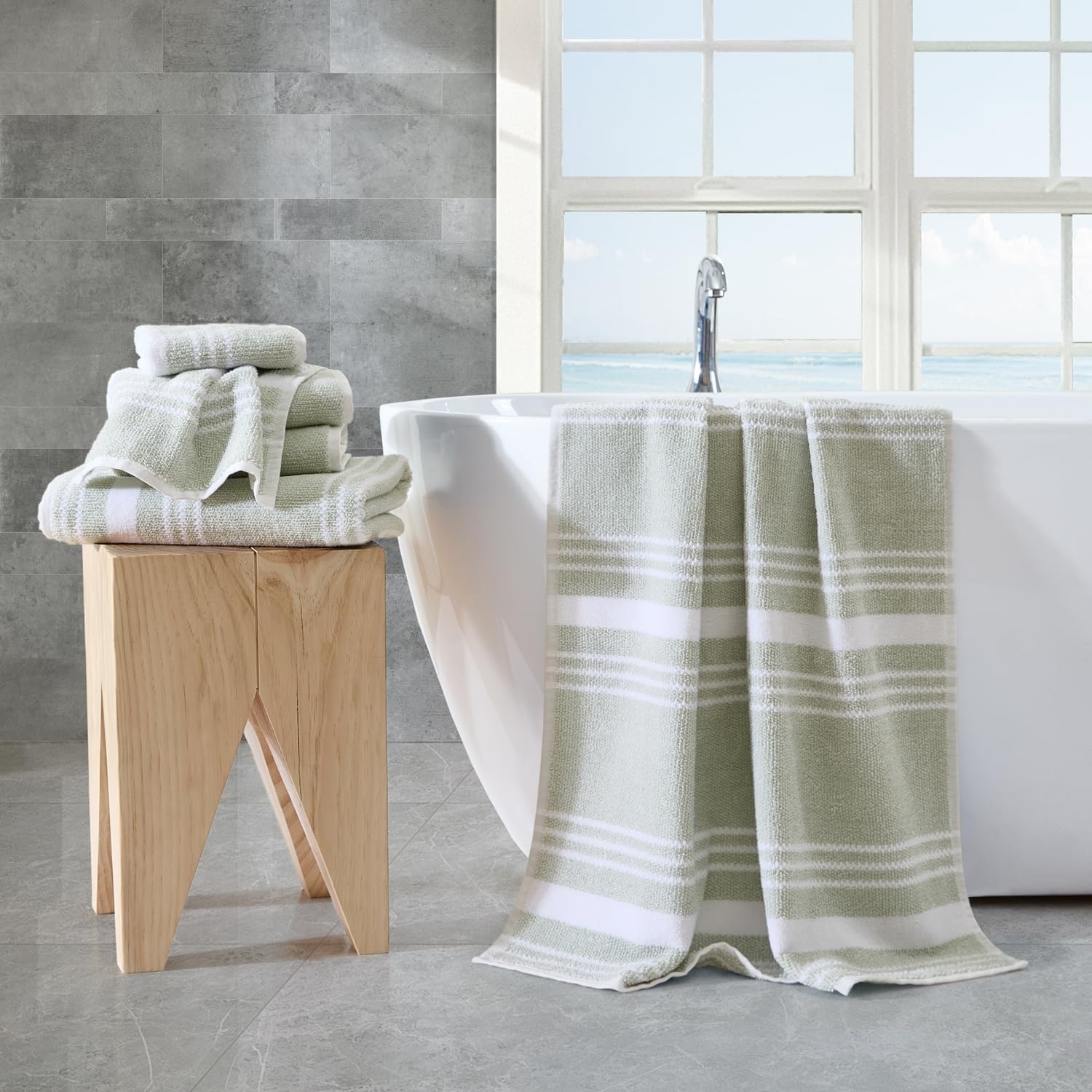 image:imageNautica Bath Towel Set Cotton Bath Hand amp Washcloths Plush Absorbent amp QuickDry Chevron Print Americana Decor Set of 6 Zane BlueWindward Green