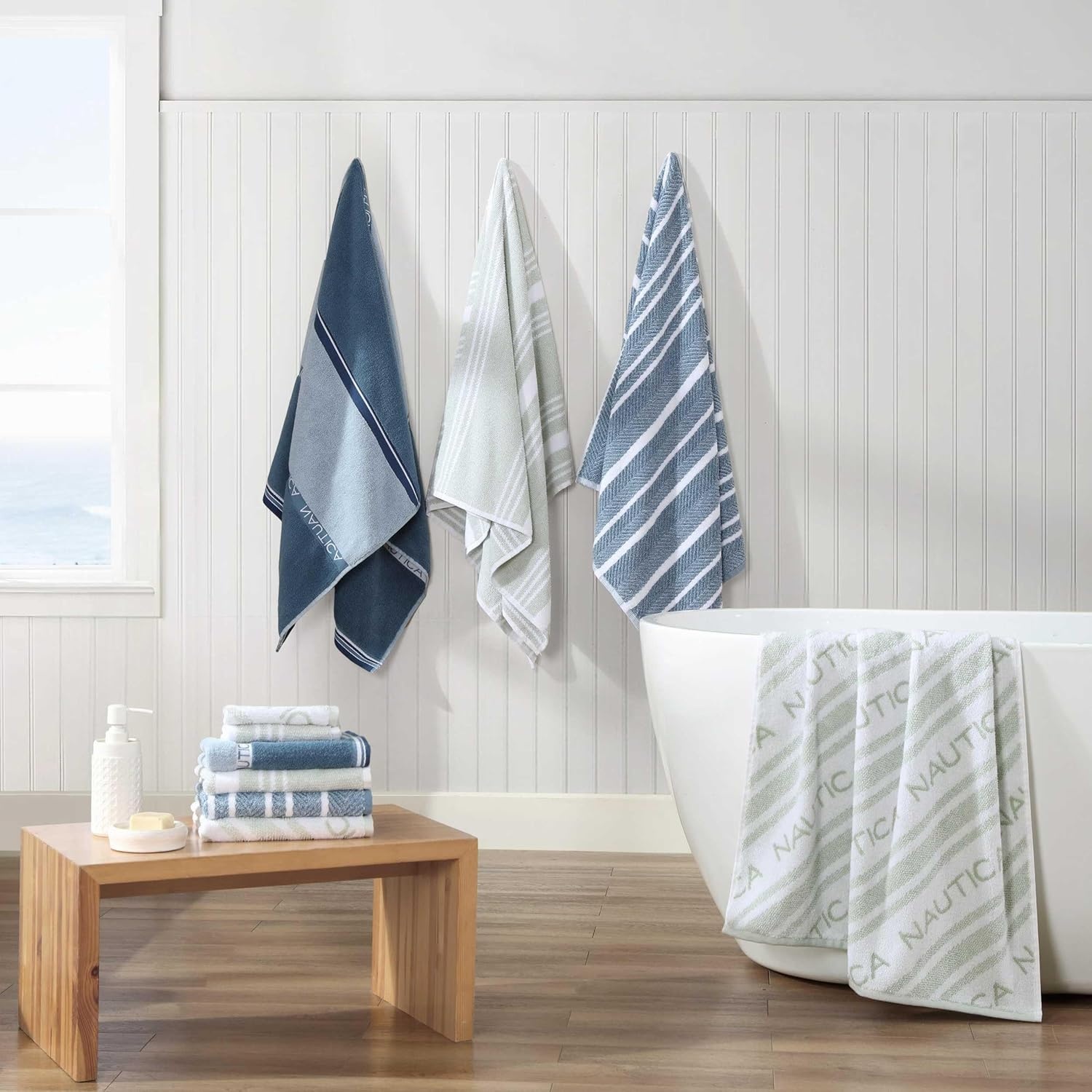 image:imageNautica Bath Towel Set Cotton Bath Hand amp Washcloths Plush Absorbent amp QuickDry Chevron Print Americana Decor Set of 6 Zane BlueWindward Green