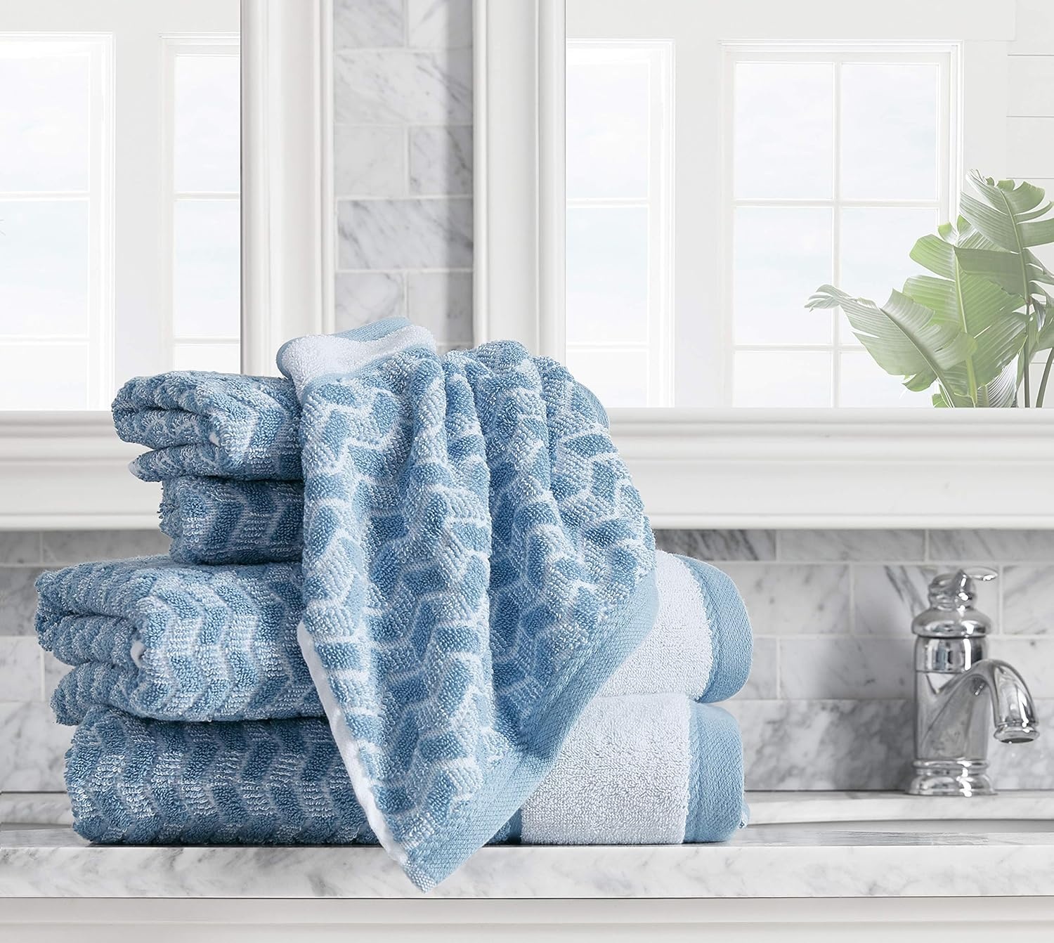 image:imageNautica Bath Towel Set Cotton Bath Hand amp Washcloths Plush Absorbent amp QuickDry Chevron Print Americana Decor Set of 6 Zane BlueZane Chevron