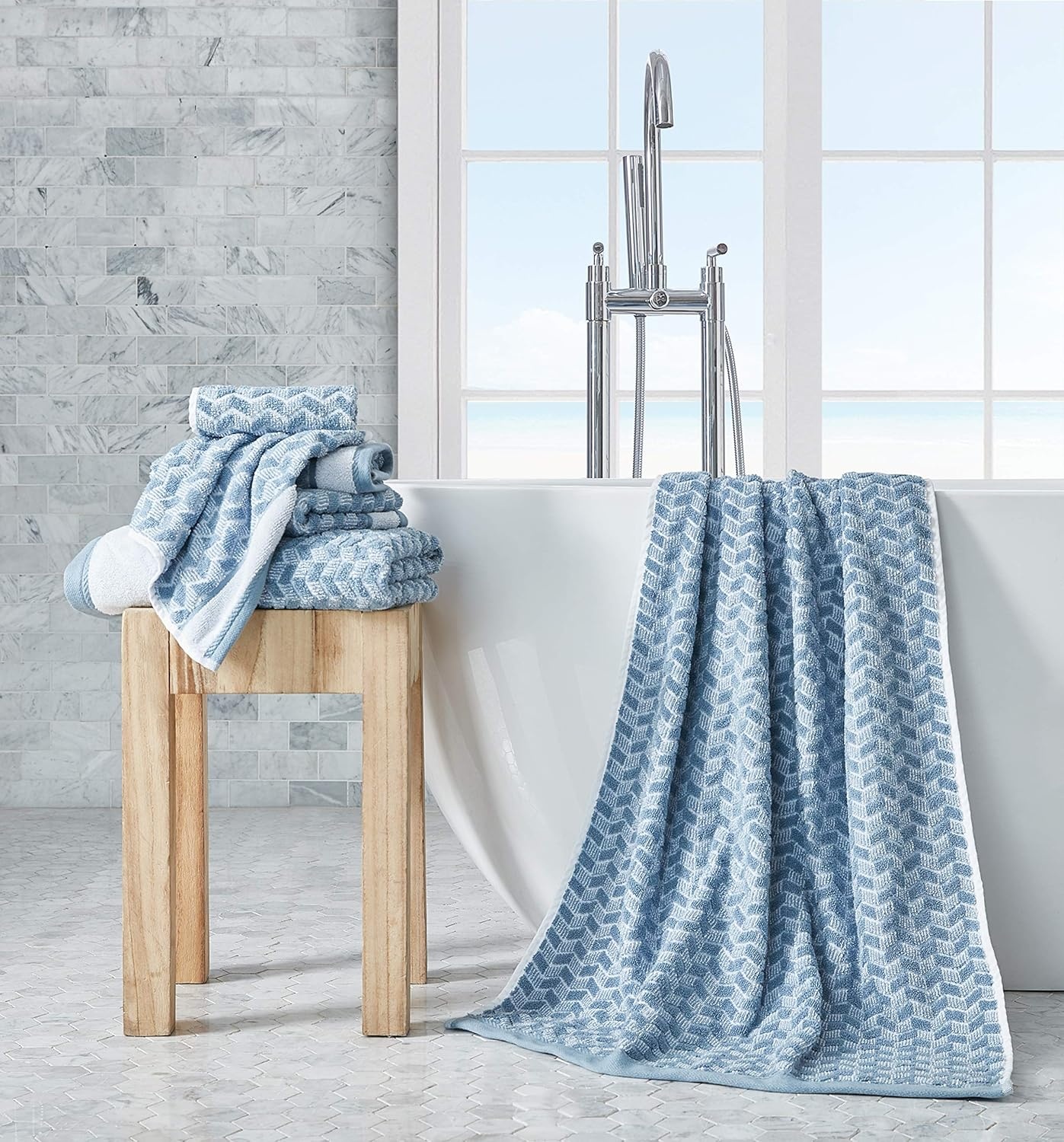 image:imageNautica Bath Towel Set Cotton Bath Hand amp Washcloths Plush Absorbent amp QuickDry Chevron Print Americana Decor Set of 6 Zane BlueZane Chevron