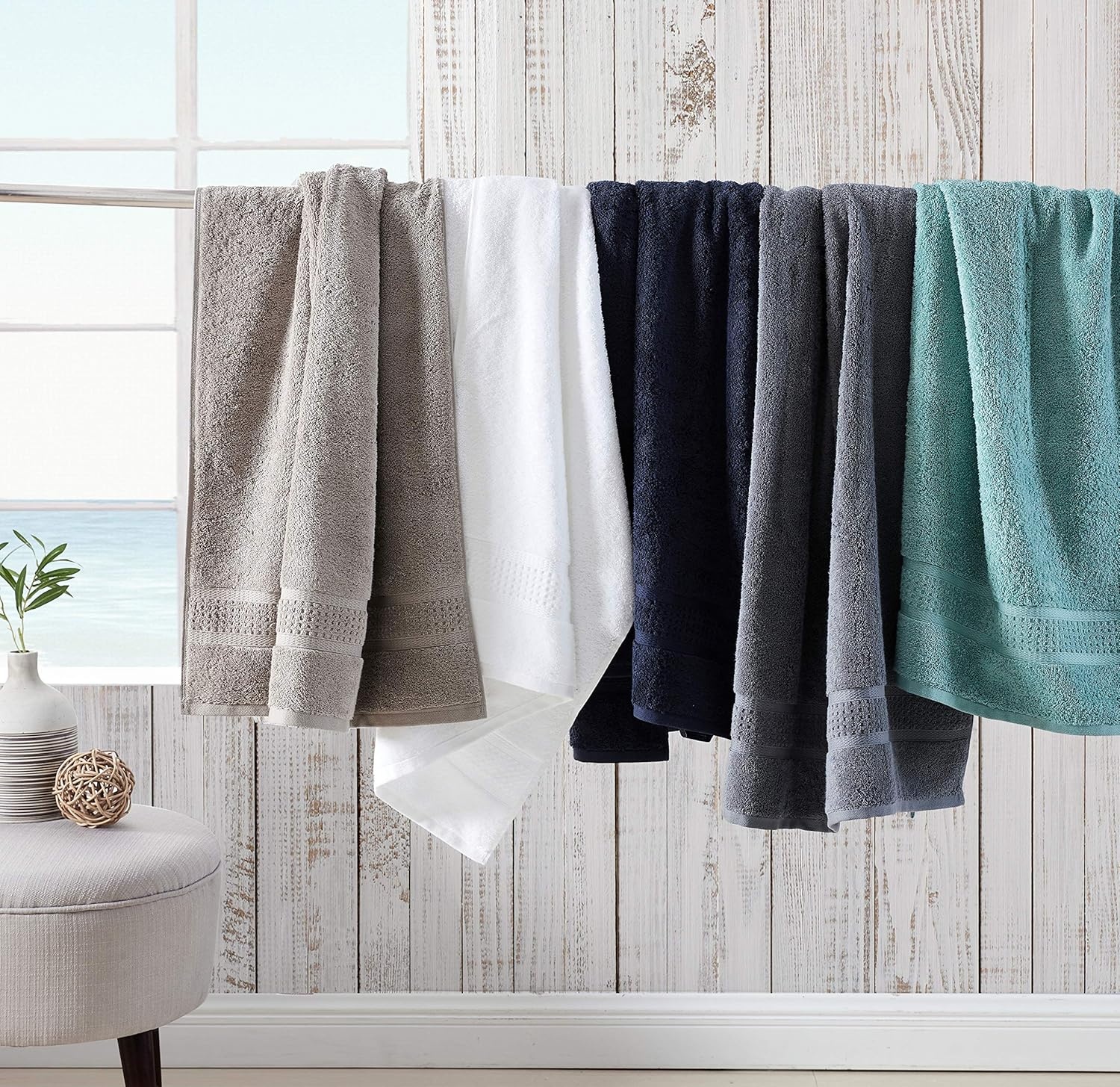 image:imageNautica Bathroom Towels Soft Cotton Washcloth Bath amp Hand Towel Set Highly Absorbent amp Quick Dry Zero Twist Set of 6 College Dorm Room Essentials Oceane Dark GreyOceane White