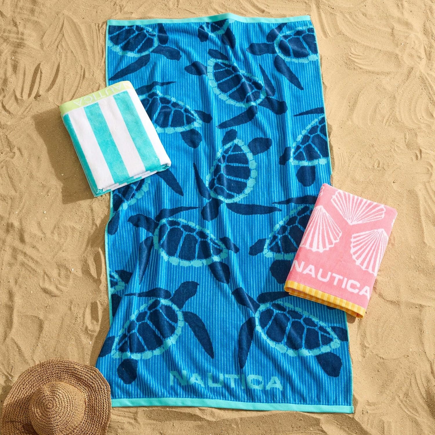 image:imageNautica Beach Towels Oversized 2 Pack Cotton Velour Towel Set 36x68 Plush Absorbent amp QuickDry Beach Essentials Striped Americana Decor Berry PinkNeon Turtles Blue