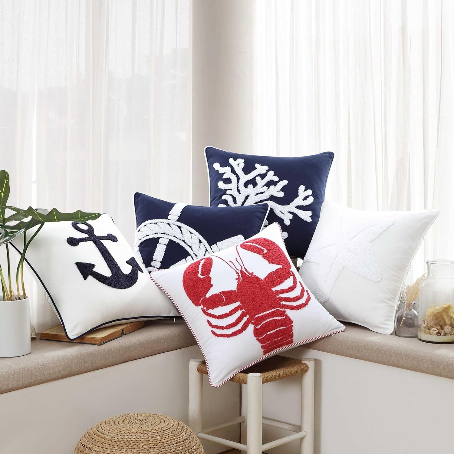 image:imageNautica Decorative Pillow Cotton Canvas Coastal Throw Pillow with Textured Embroidered Anchor Design Pillow for Couch or Bed 20 x 20 Ships Wheel BlueLobster Red