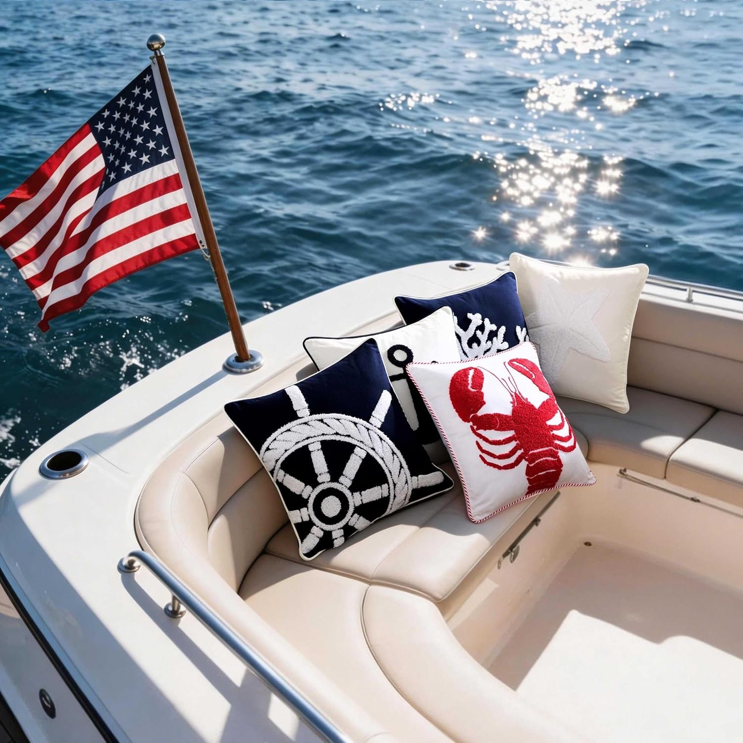 image:imageNautica Decorative Pillow Cotton Canvas Coastal Throw Pillow with Textured Embroidered Anchor Design Pillow for Couch or Bed 20 x 20 Ships Wheel BlueStarfish Loop White