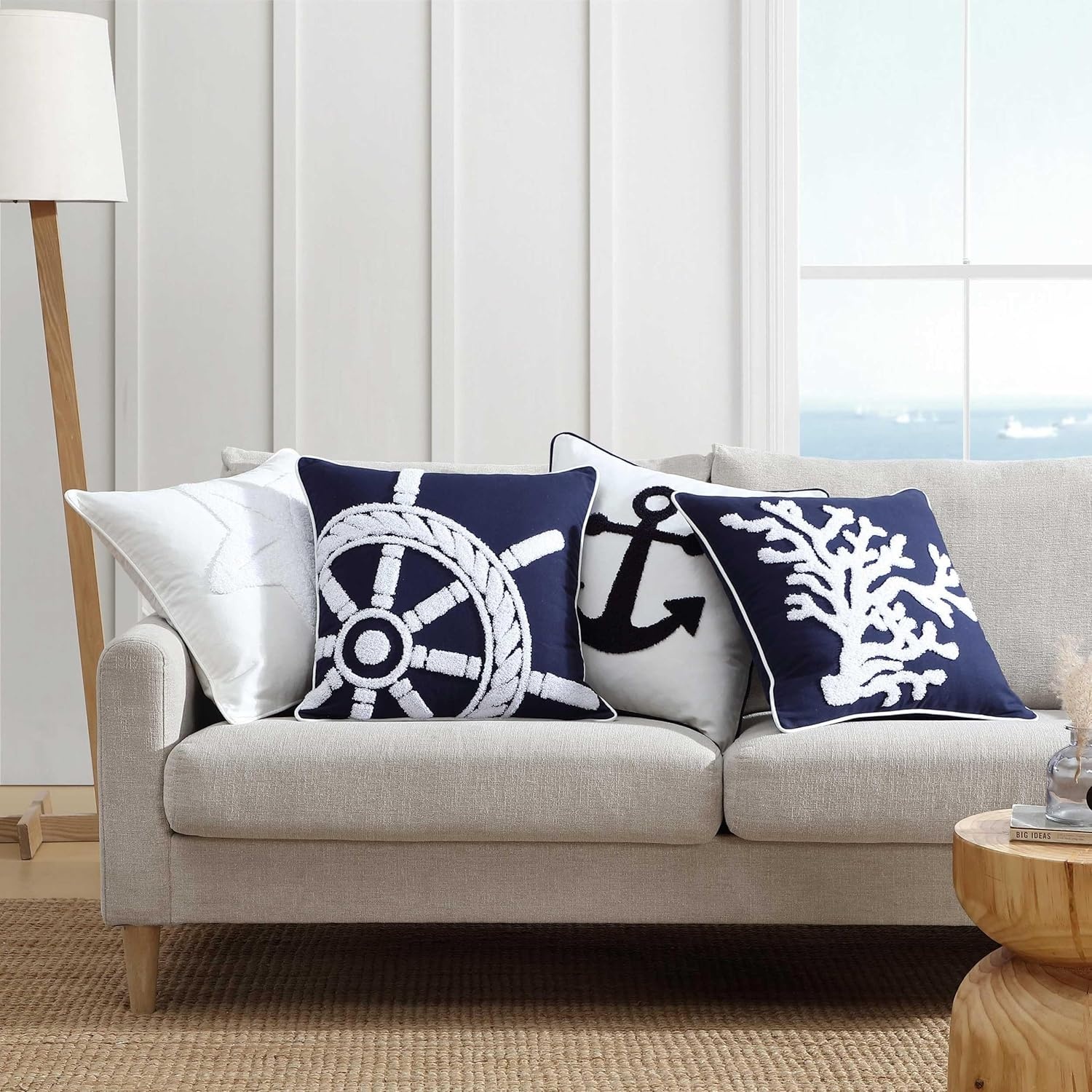 image:imageNautica Decorative Pillow Cotton Canvas Coastal Throw Pillow with Textured Embroidered Anchor Design Pillow for Couch or Bed 20 x 20 Ships Wheel BlueCoral Blue