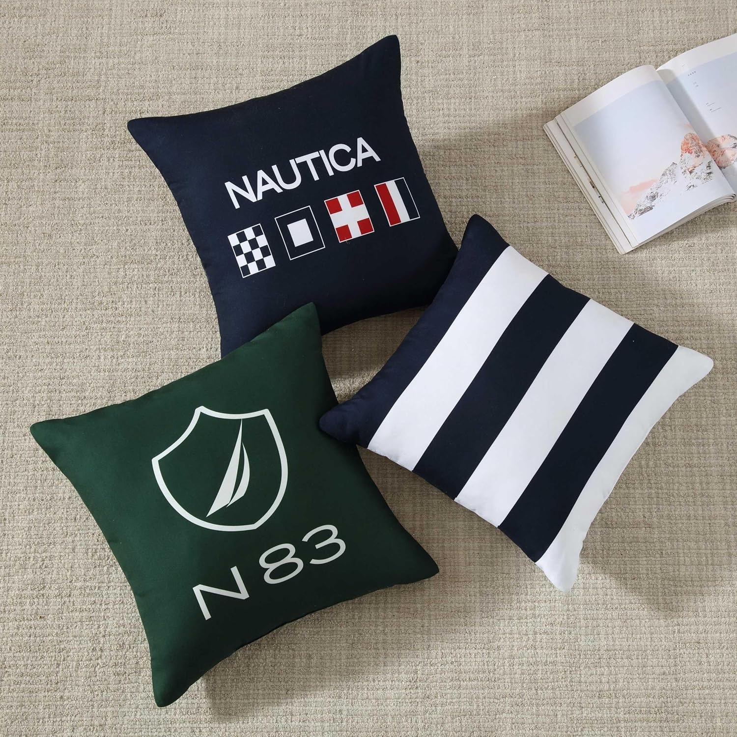 image:imageNautica Decorative Pillow Cotton Canvas Coastal Throw Pillow with Textured Embroidered Anchor Design Pillow for Couch or Bed 20 x 20 Ships Wheel BlueN83 Boat Green
