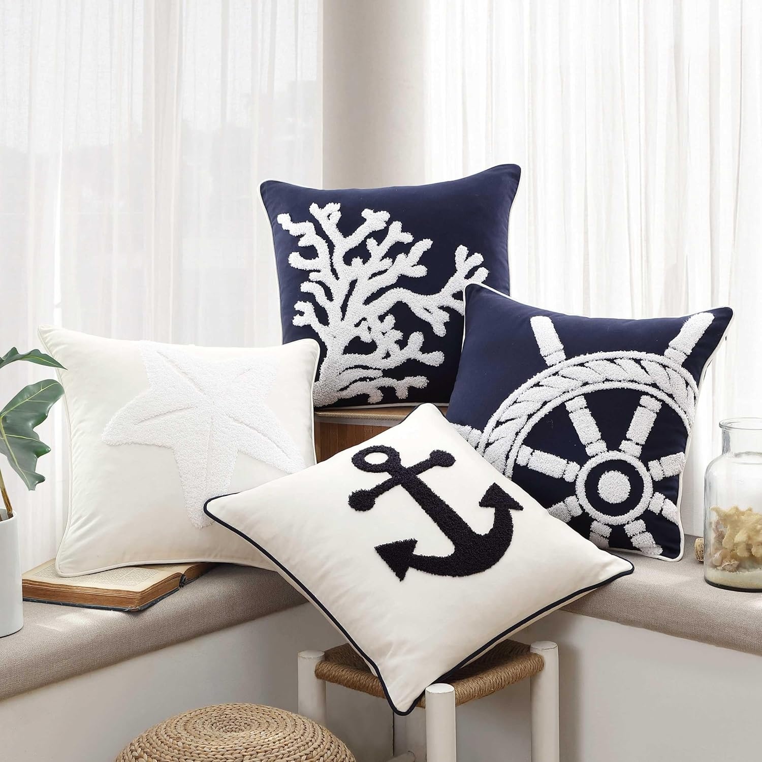 image:imageNautica Decorative Pillow Cotton Canvas Coastal Throw Pillow with Textured Embroidered Anchor Design Pillow for Couch or Bed 20 x 20 Ships Wheel BlueStarfish Loop White
