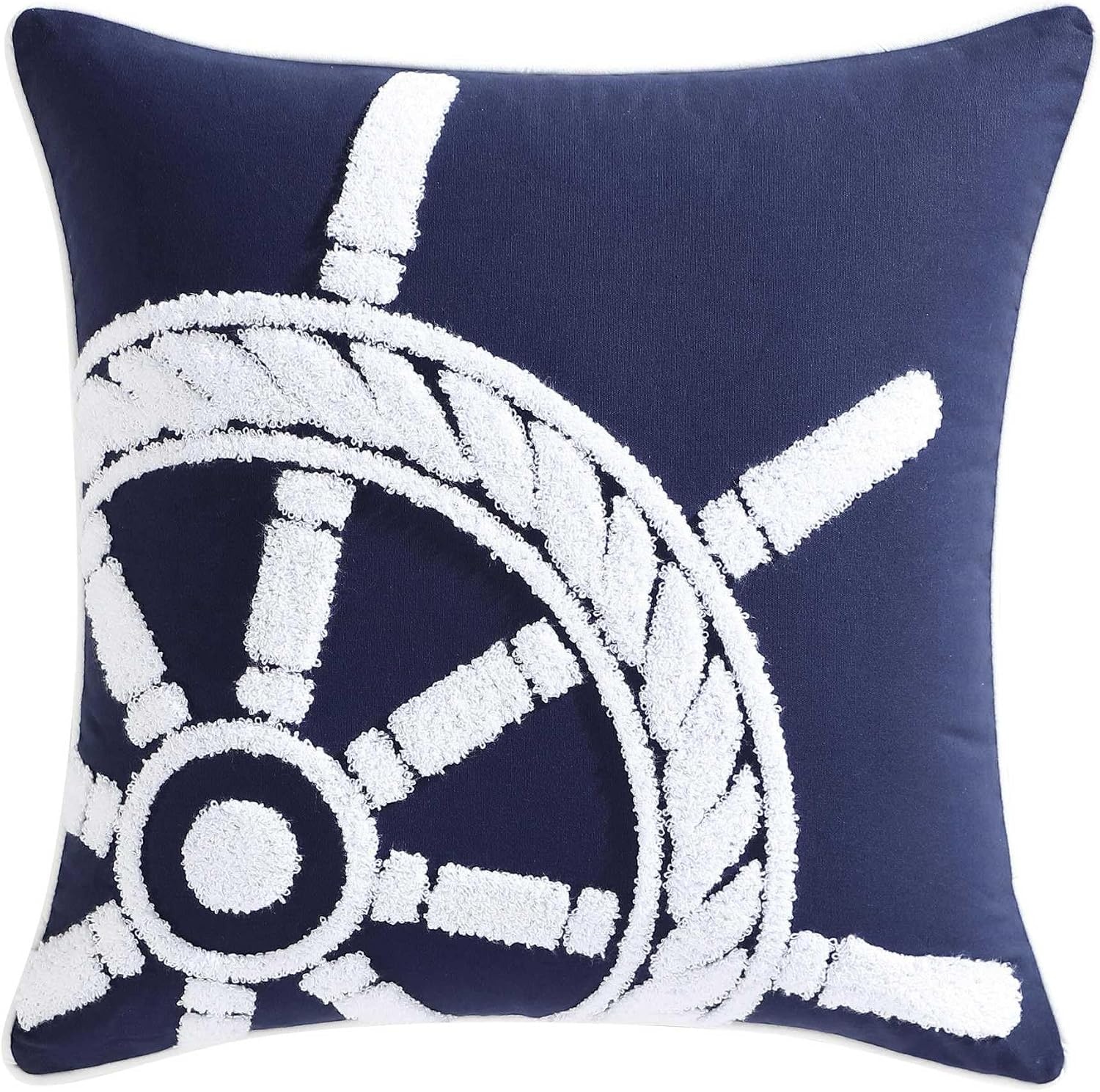 image:imageNautica Decorative Pillow Cotton Canvas Coastal Throw Pillow with Textured Embroidered Anchor Design Pillow for Couch or Bed 20 x 20 Ships Wheel BlueShips Wheel Blue