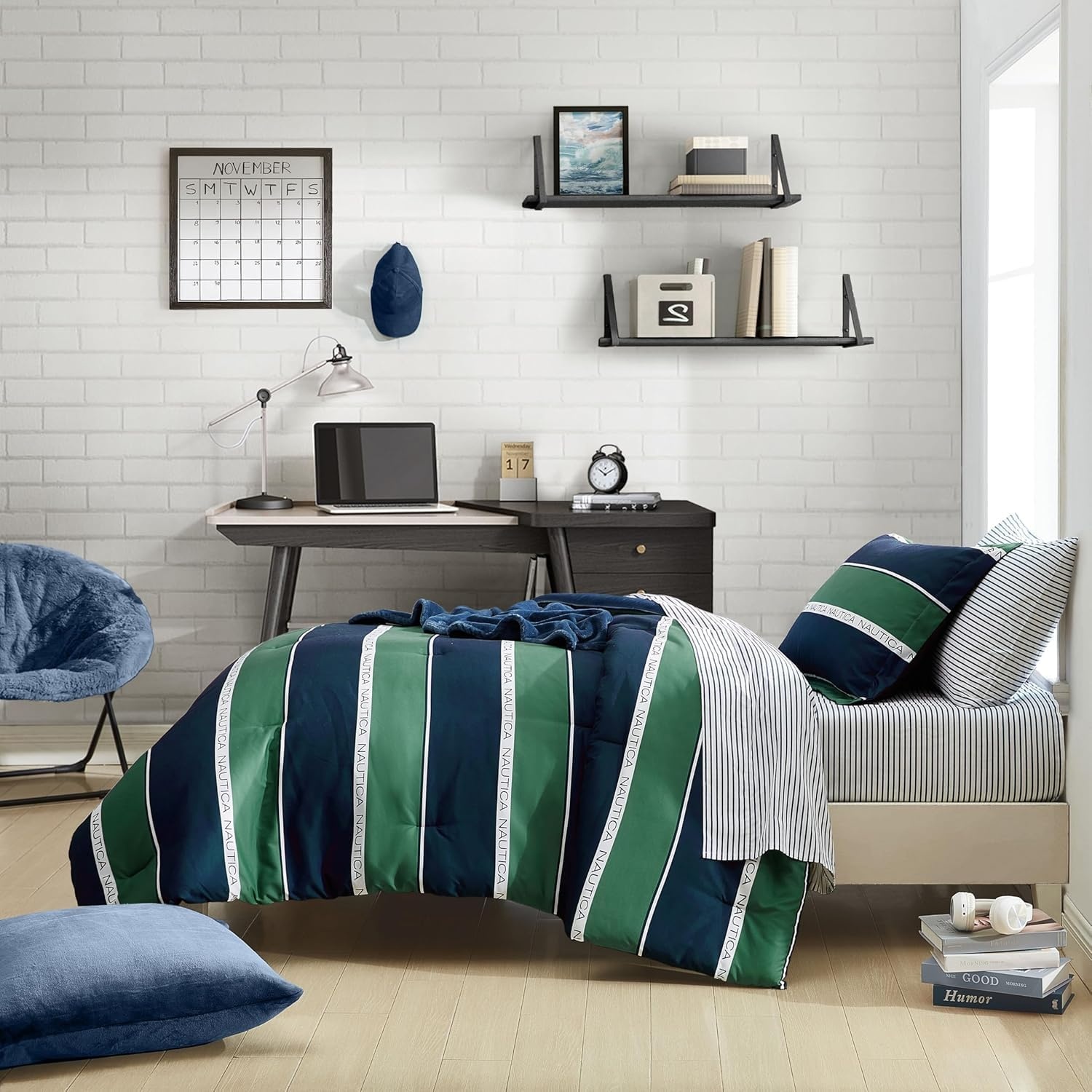 image:imageNautica Full Size Bed in a Bag Reversible Comforter Set with Fitted Sheet Pillowcases Shams amp Laundry Bag 7Piece College Dorm Room Essentials Captains BlueGreenBellecastle Bay PineNavy