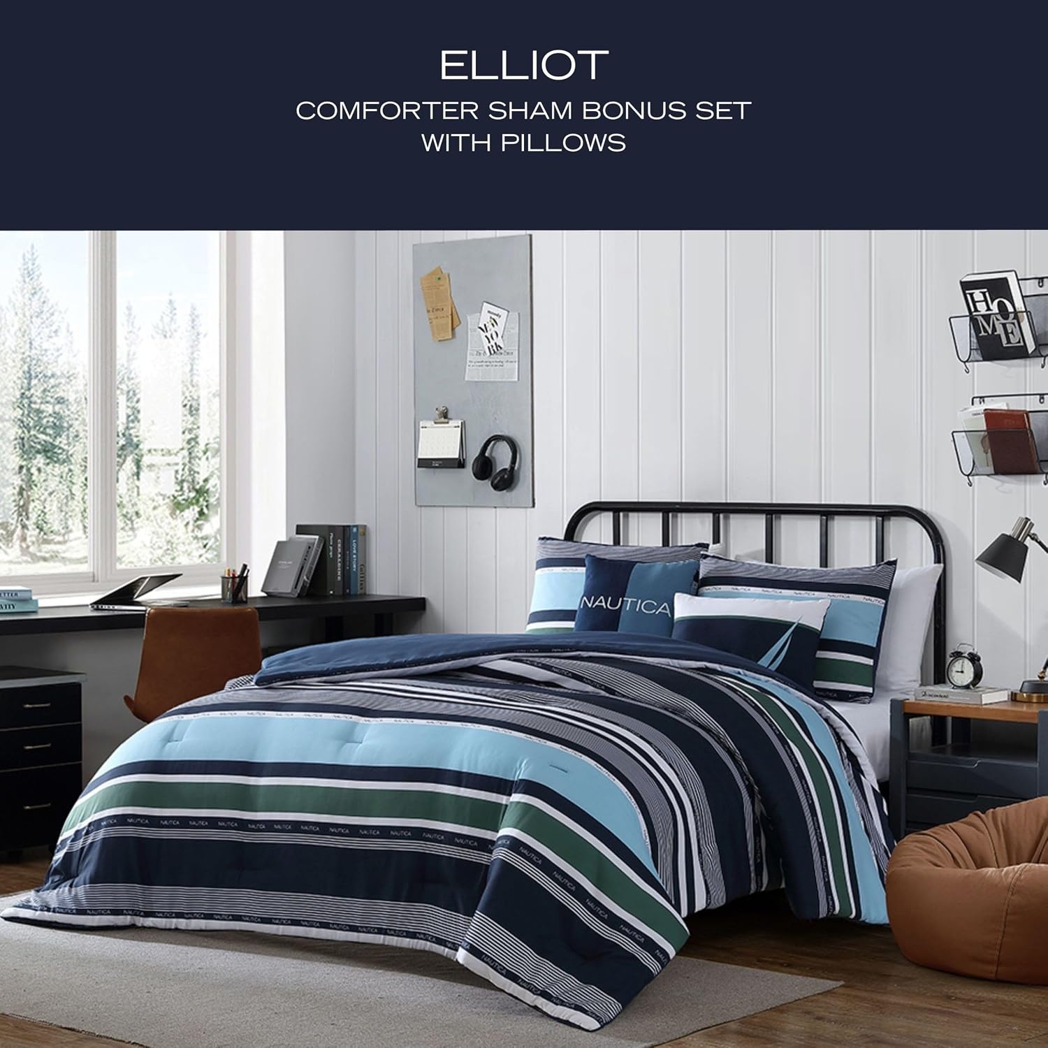 image:imageNautica Full Size Bed in a Bag Reversible Comforter Set with Fitted Sheet Pillowcases Shams amp Laundry Bag 7Piece College Dorm Room Essentials Captains BlueGreenElliot Blue