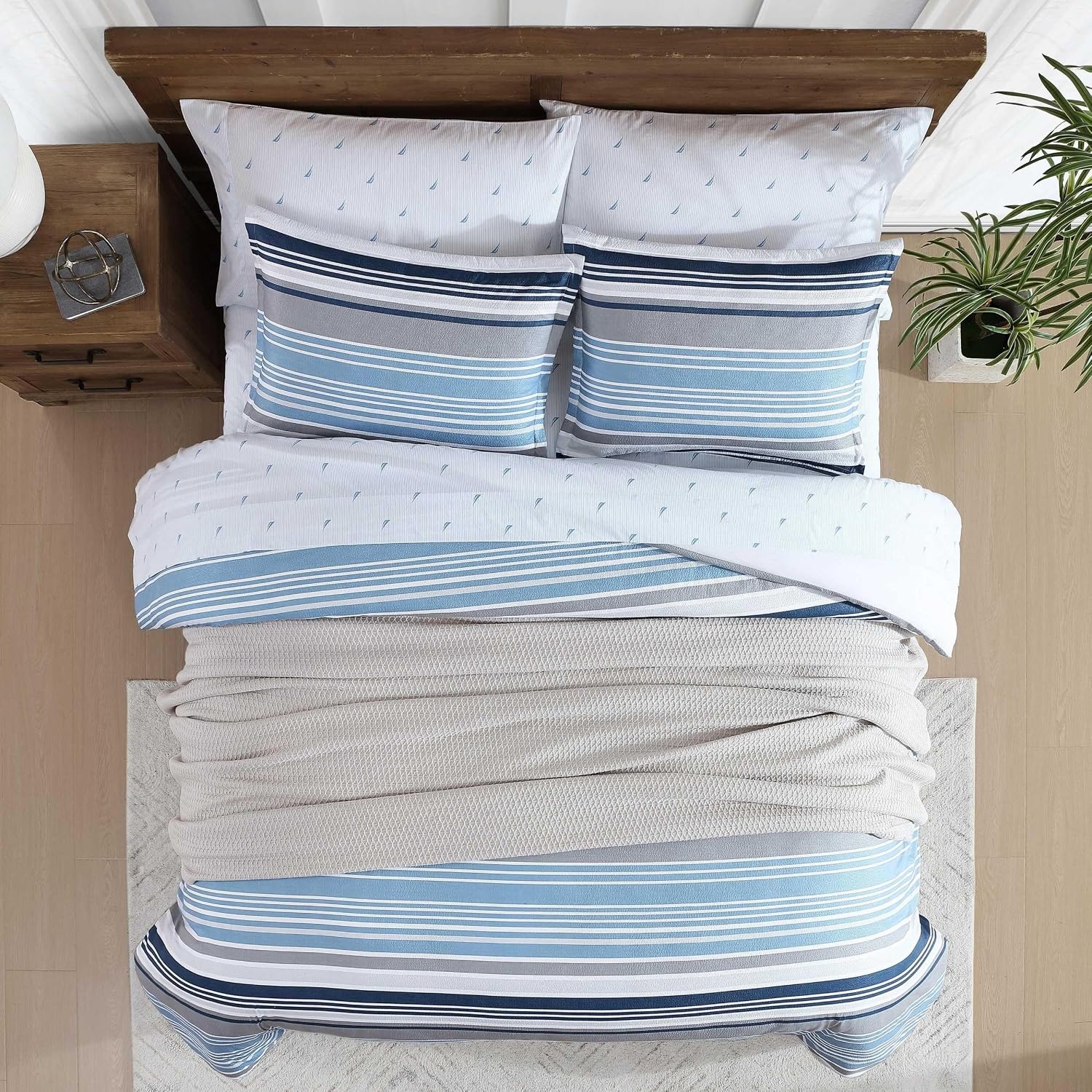 image:imageNautica Full Size Bed in a Bag Reversible Comforter Set with Fitted Sheet Pillowcases Shams amp Laundry Bag 7Piece College Dorm Room Essentials Captains BlueGreenBradlee Blue