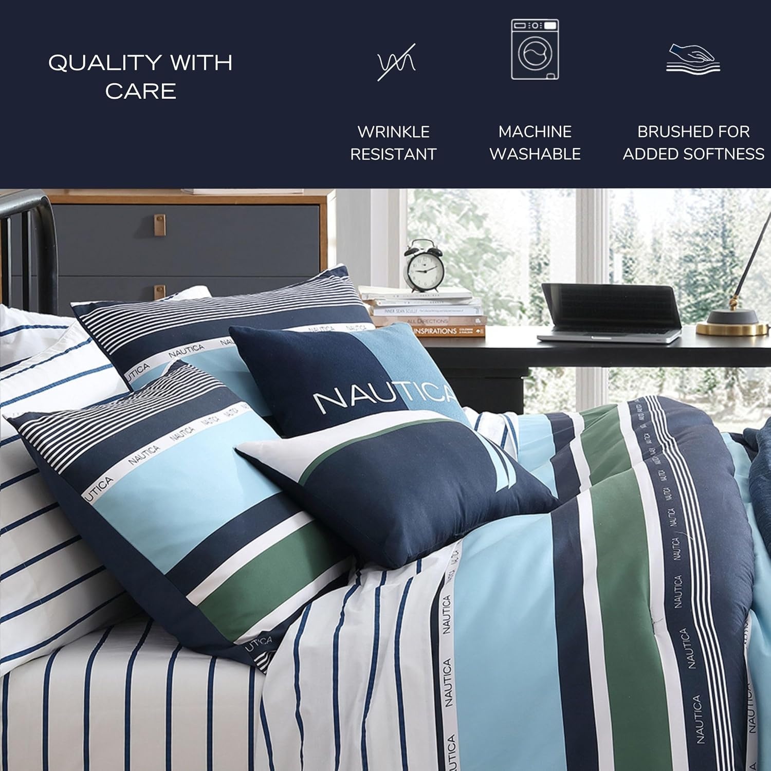 image:imageNautica Full Size Bed in a Bag Reversible Comforter Set with Fitted Sheet Pillowcases Shams amp Laundry Bag 7Piece College Dorm Room Essentials Captains BlueGreenElliot Blue