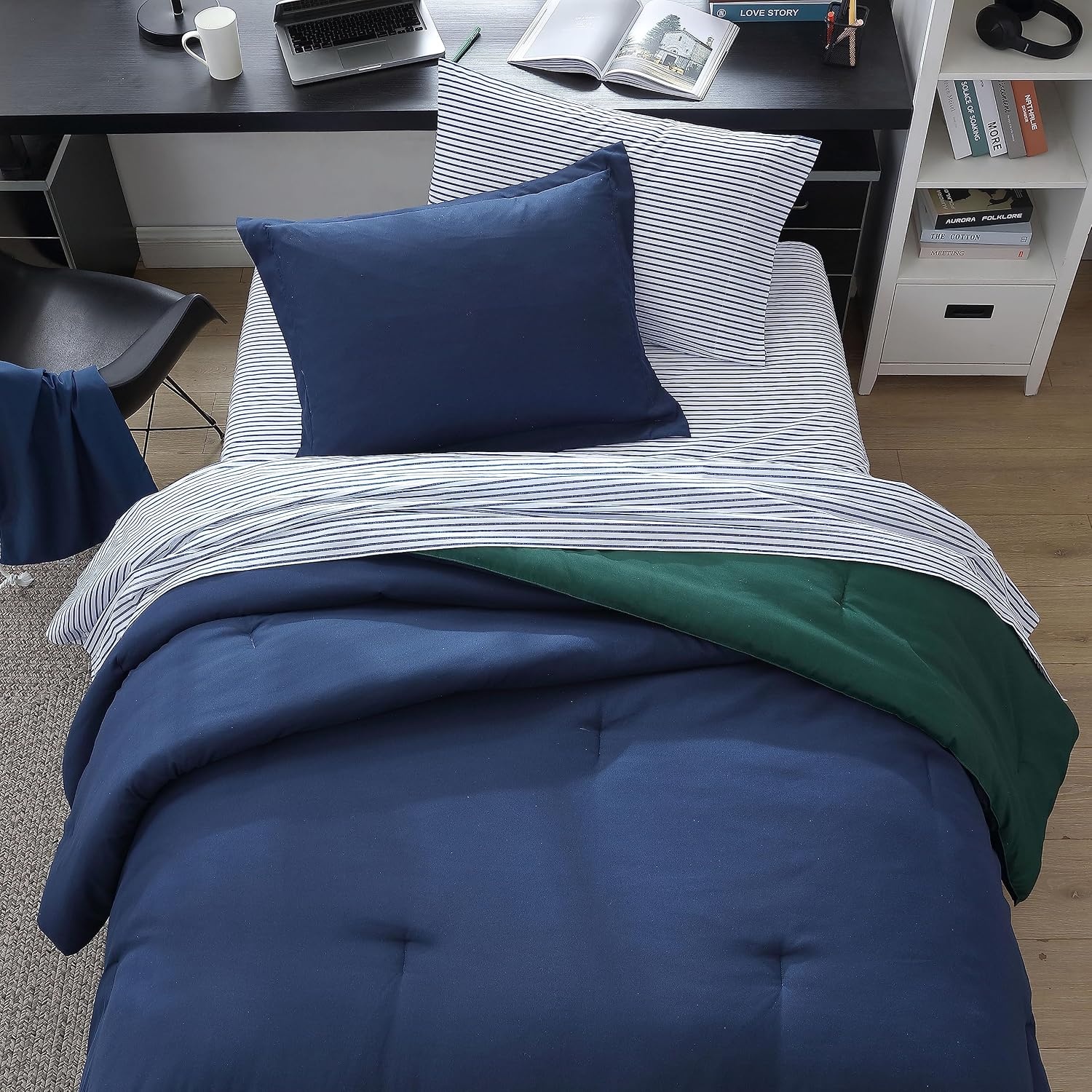 image:imageNautica Full Size Bed in a Bag Reversible Comforter Set with Fitted Sheet Pillowcases Shams amp Laundry Bag 7Piece College Dorm Room Essentials Captains BlueGreenCaptains BlueGreen