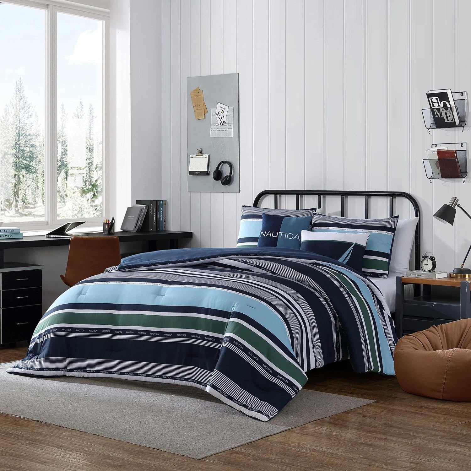 image:imageNautica Full Size Bed in a Bag Reversible Comforter Set with Fitted Sheet Pillowcases Shams amp Laundry Bag 7Piece College Dorm Room Essentials Captains BlueGreenElliot Blue