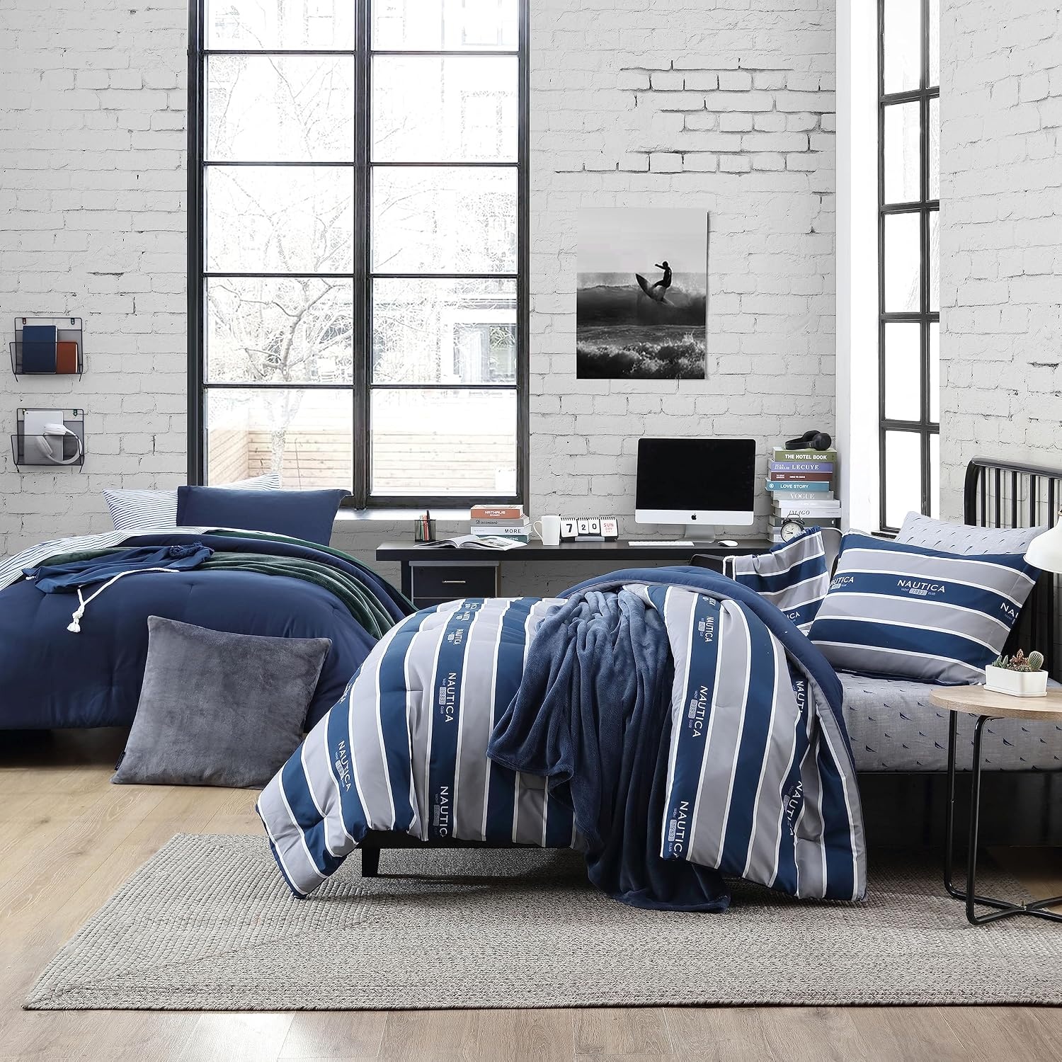 image:imageNautica Full Size Bed in a Bag Reversible Comforter Set with Fitted Sheet Pillowcases Shams amp Laundry Bag 7Piece College Dorm Room Essentials Captains BlueGreenCaptains BlueGreen