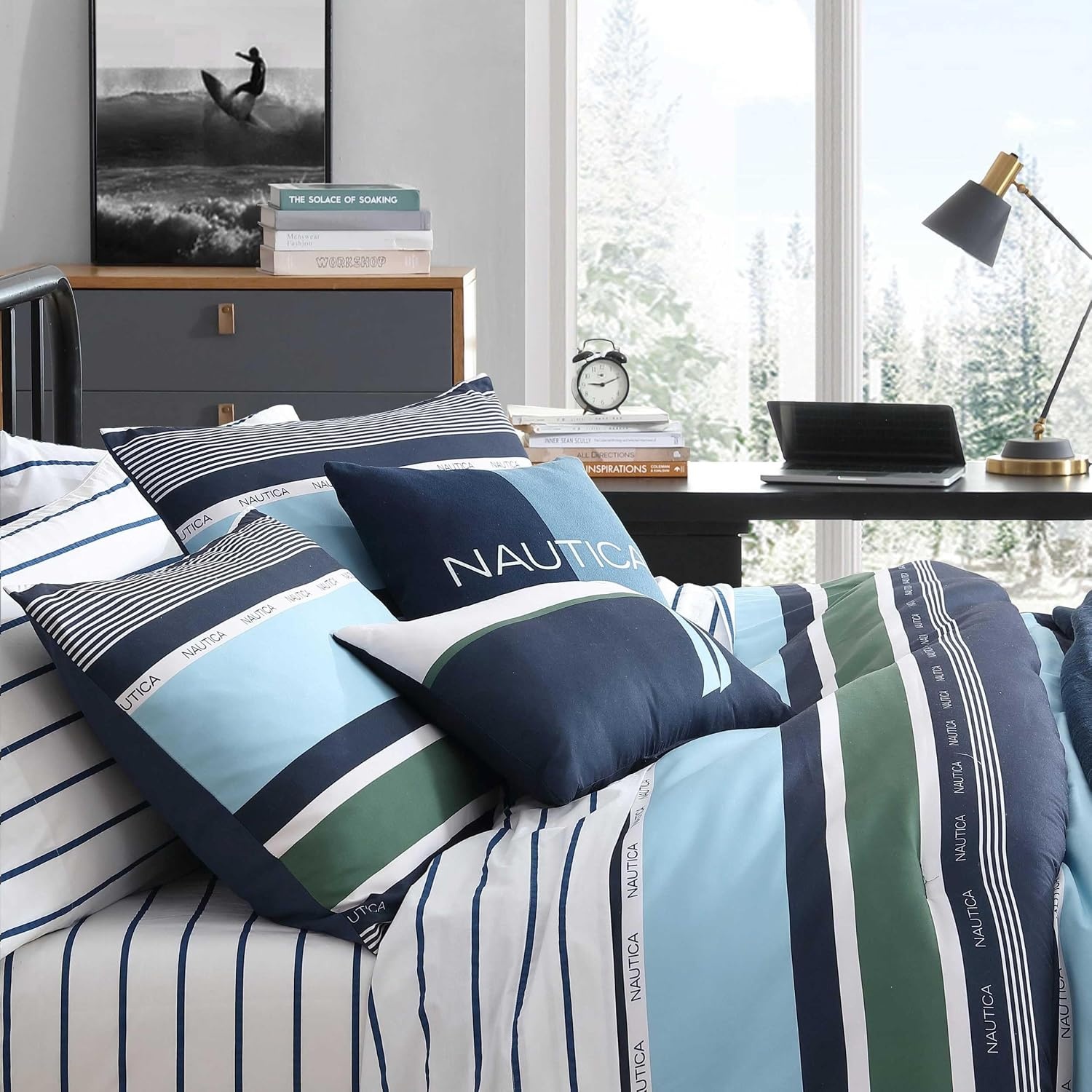 image:imageNautica Full Size Bed in a Bag Reversible Comforter Set with Fitted Sheet Pillowcases Shams amp Laundry Bag 7Piece College Dorm Room Essentials Captains BlueGreenElliot Blue