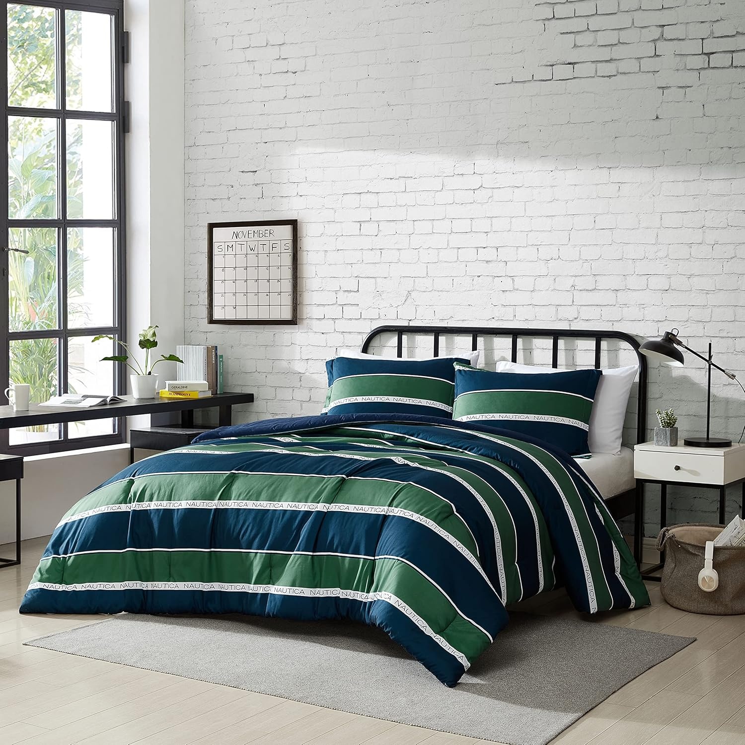 image:imageNautica Full Size Bed in a Bag Reversible Comforter Set with Fitted Sheet Pillowcases Shams amp Laundry Bag 7Piece College Dorm Room Essentials Captains BlueGreenPine Bay Navy