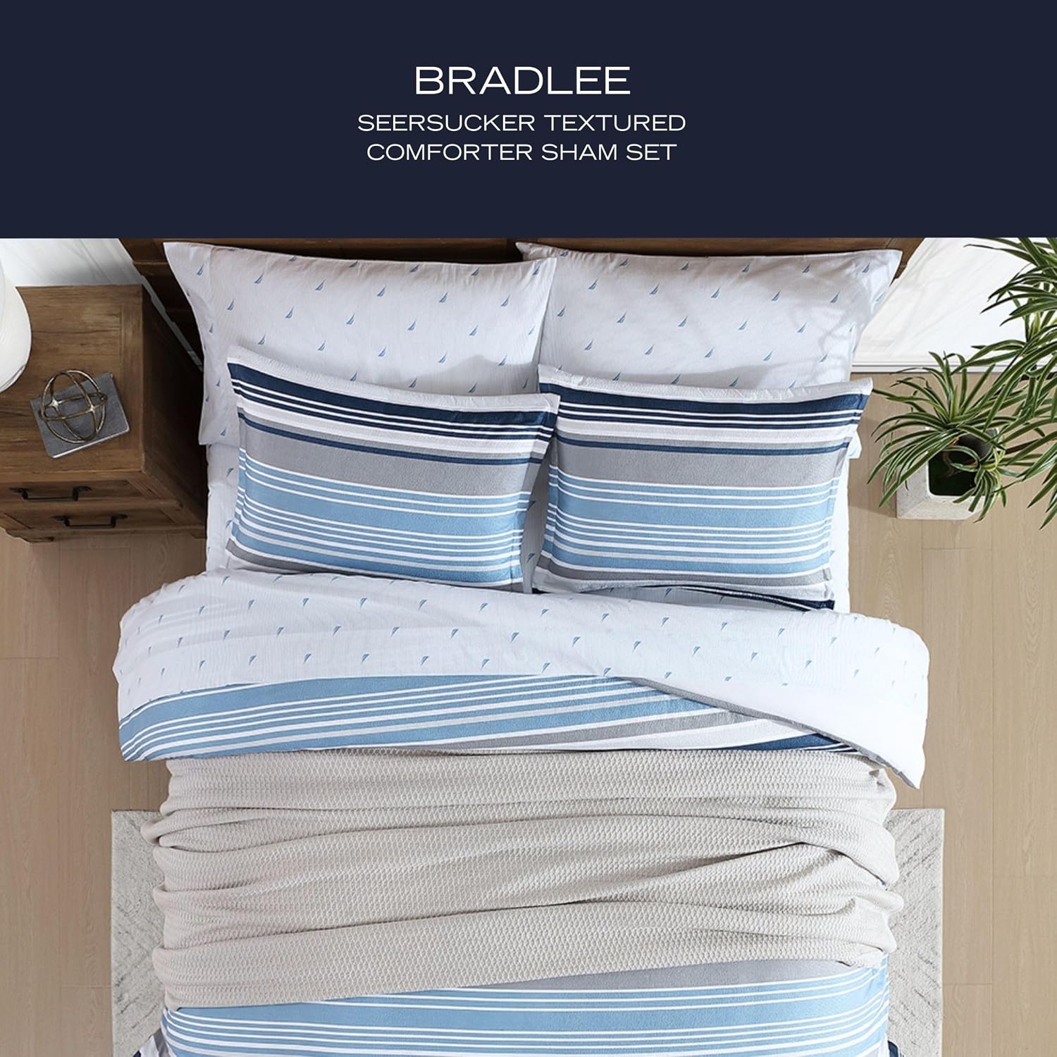 image:imageNautica Full Size Bed in a Bag Reversible Comforter Set with Fitted Sheet Pillowcases Shams amp Laundry Bag 7Piece College Dorm Room Essentials Captains BlueGreenBradlee Blue