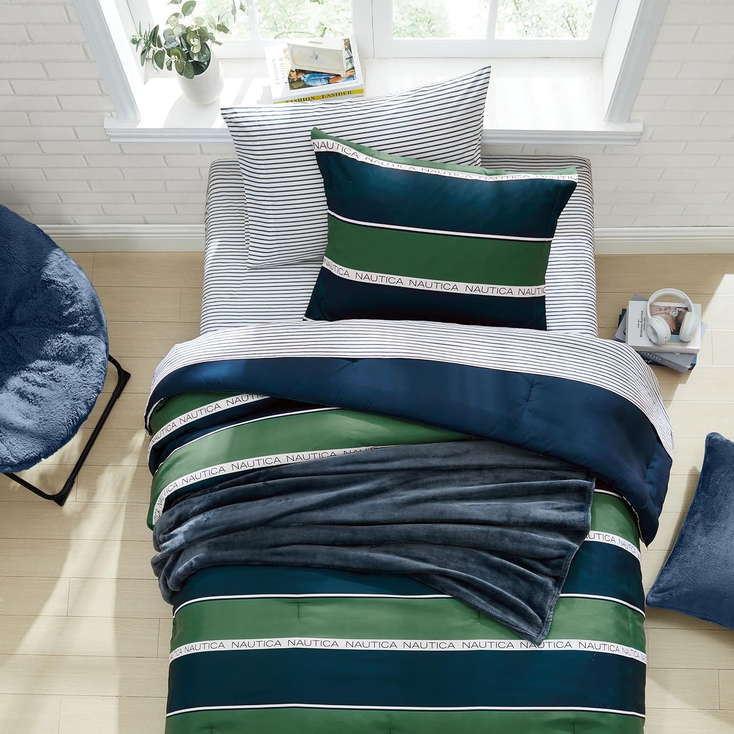 image:imageNautica Full Size Bed in a Bag Reversible Comforter Set with Fitted Sheet Pillowcases Shams amp Laundry Bag 7Piece College Dorm Room Essentials Captains BlueGreenBellecastle Bay PineNavy
